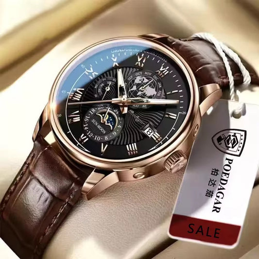 Montre Poedagar Quartz Classique Luxe bracelet en cuir homme